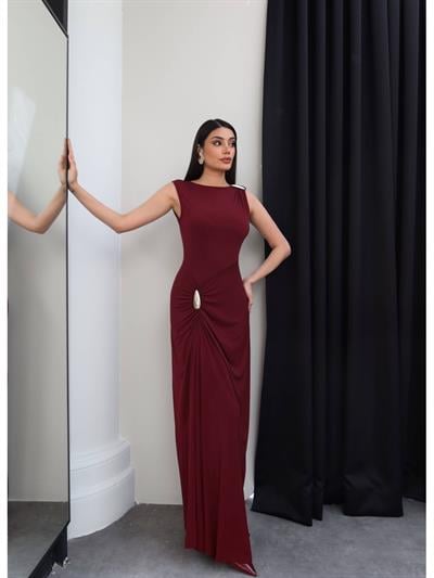 Toka Detay Drapeli Kolsuz Uzun Elbise