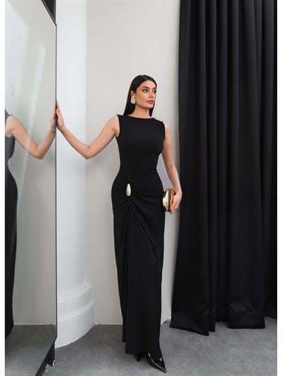 Toka Detay Drapeli Kolsuz Uzun Elbise