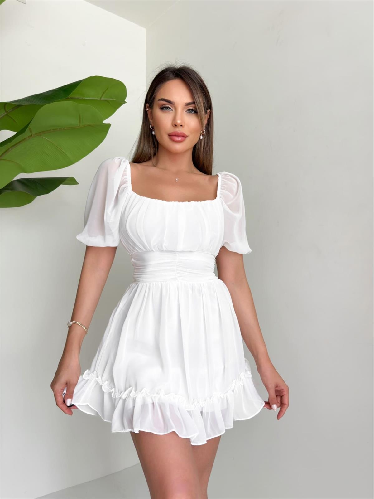 Beyaz Dekolte Şifon Elbise