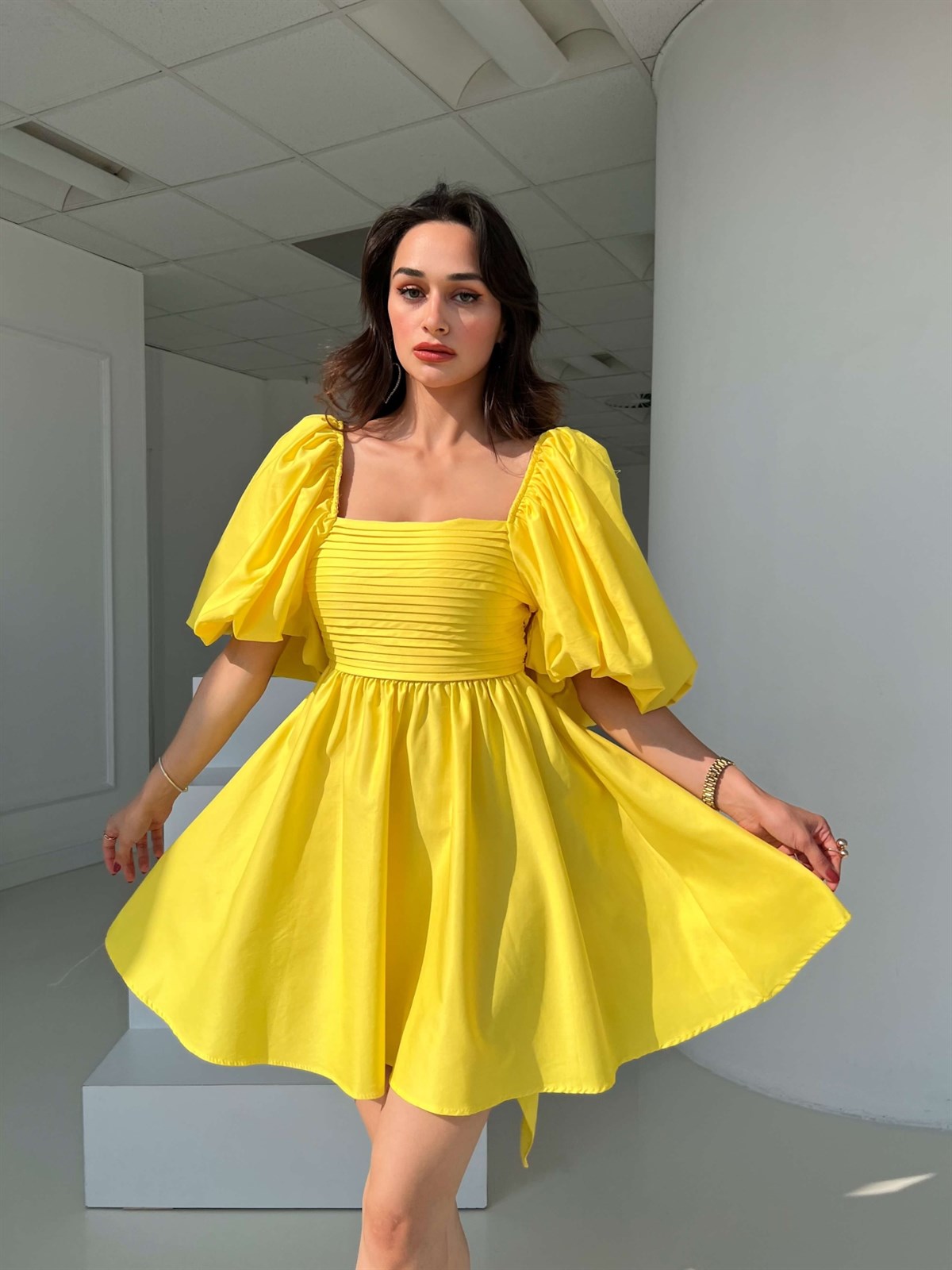 Limon Sarı Arkası Kurdele Mini Elbise