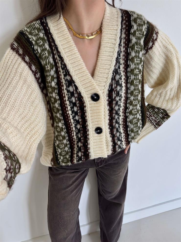 Etnik Desenli V Yaka Önü Düğmeli Darrel Krem Kadın Triko Hırka 26K218