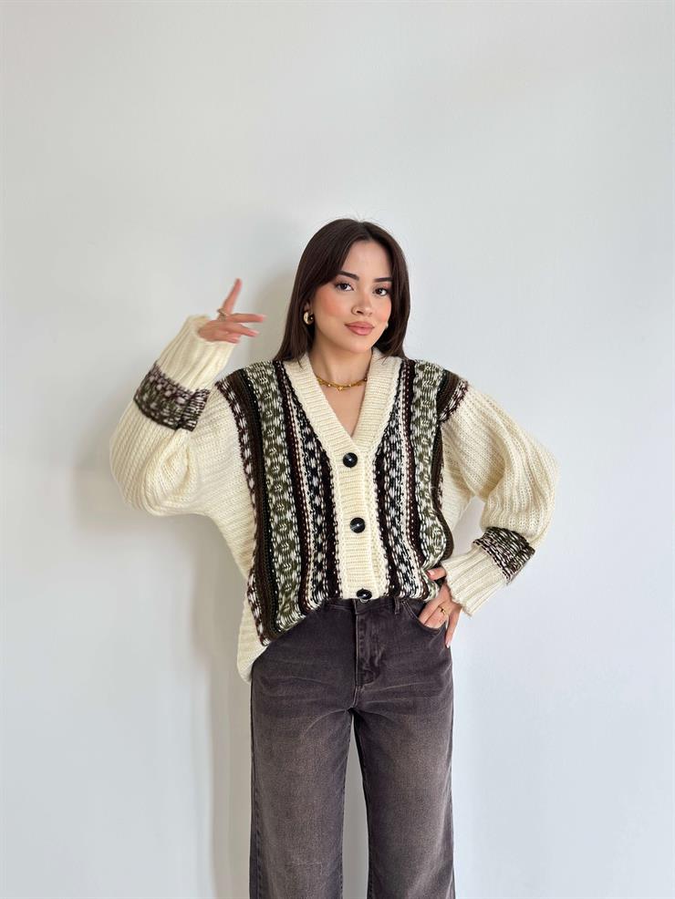 Etnik Desenli V Yaka Önü Düğmeli Darrel Krem Kadın Triko Hırka 26K218