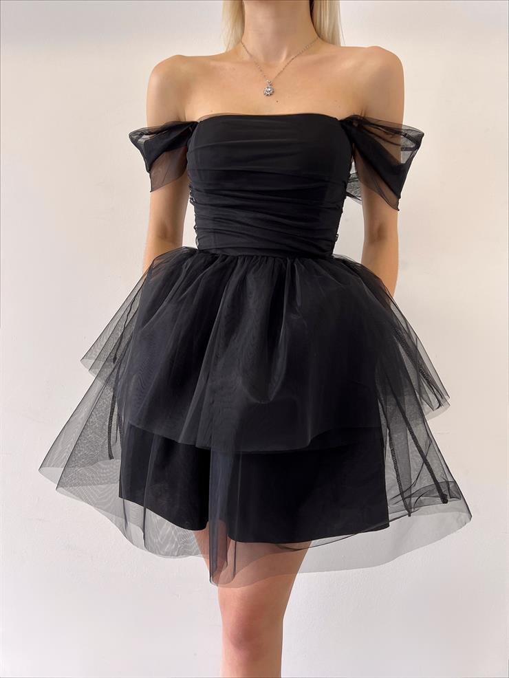 	Düşük Tül Kol Eteği Kat Detaylı Litus Kadın Siyah Mini Elbise 23Y000109