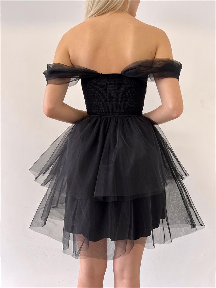 	Düşük Tül Kol Eteği Kat Detaylı Litus Kadın Siyah Mini Elbise 23Y000109