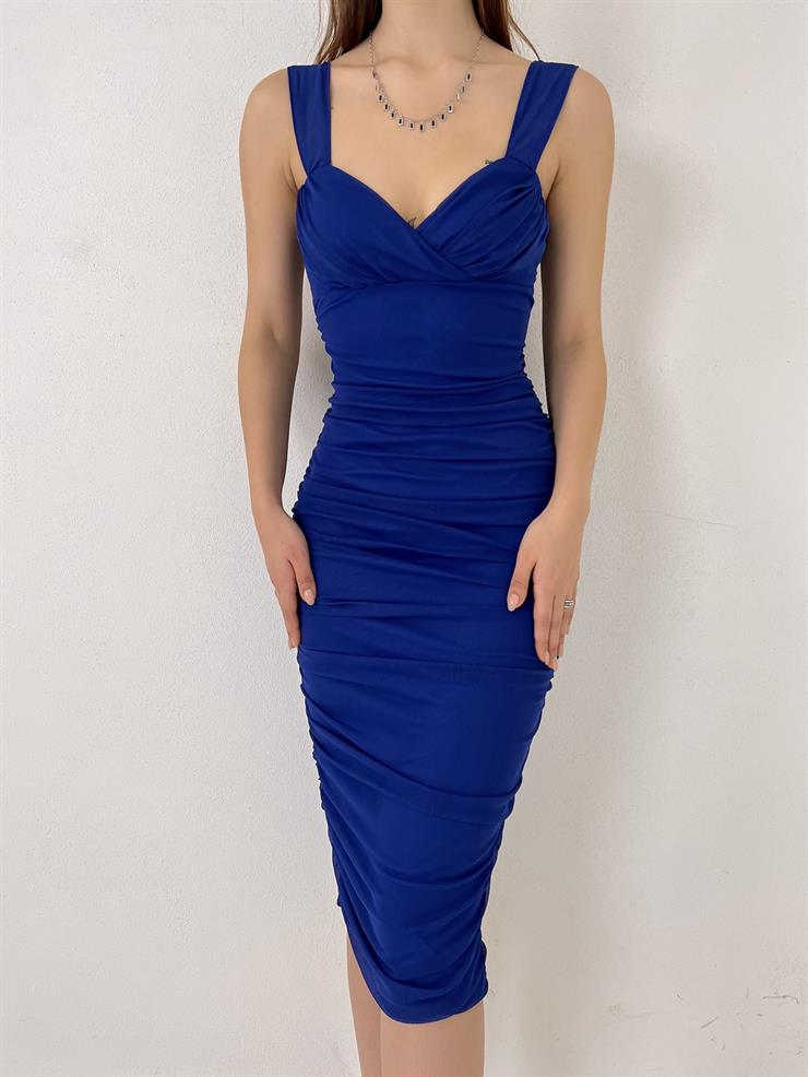 	Kalın Askı Kalp Yaka Drapeli Tamia Kadın Saks Midi Elbise 23Y000029