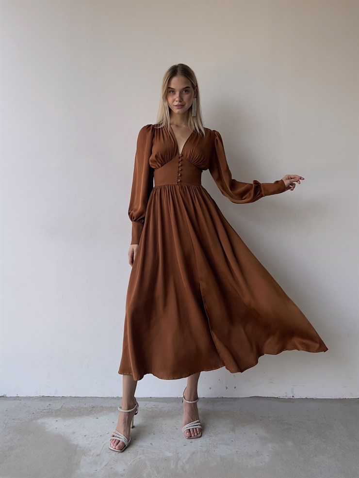 	Kiloş Balon Kol Beli Düğmeli Viktoria Kadın Kahve Uzun Elbise 22K000051