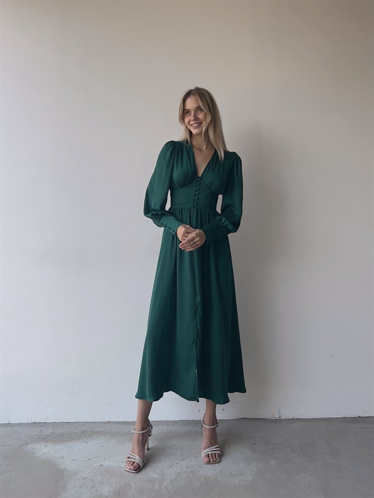 	Kiloş Balon Kol Beli Düğmeli Viktoria Kadın Zümrüt Uzun Elbise 22K000051