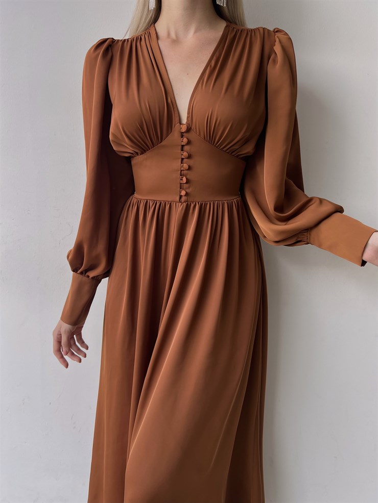 	Kiloş Balon Kol Beli Düğmeli Viktoria Kadın Kahve Uzun Elbise 22K000051