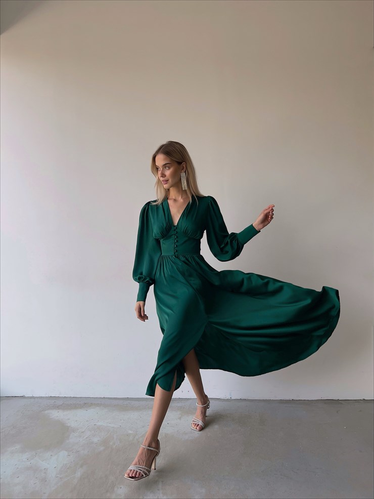 	Kiloş Balon Kol Beli Düğmeli Viktoria Kadın Zümrüt Uzun Elbise 22K000051