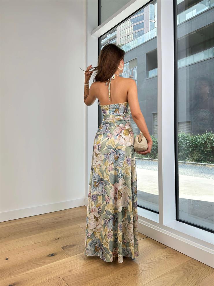 Boyundan Bağlamalı Önü Büzgülü Drapeli Žofie Kadın Renkli Çiçekli Elbise 24Y784