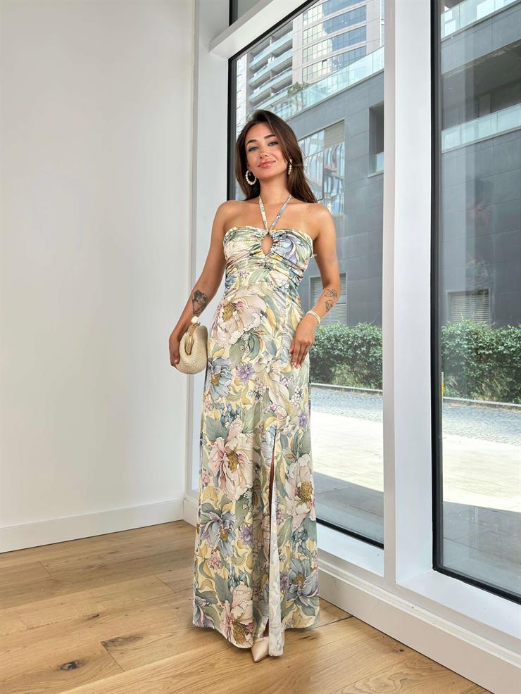 Boyundan Bağlamalı Önü Büzgülü Drapeli Žofie Kadın Renkli Çiçekli Elbise 24Y784