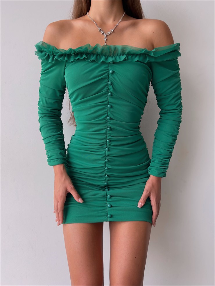 	Omuz Fırfırlı Önden Düğme Detaylı Drapeli Uzun Kol Zanobi Kadın Yeşil Mini Elbise 23K000110