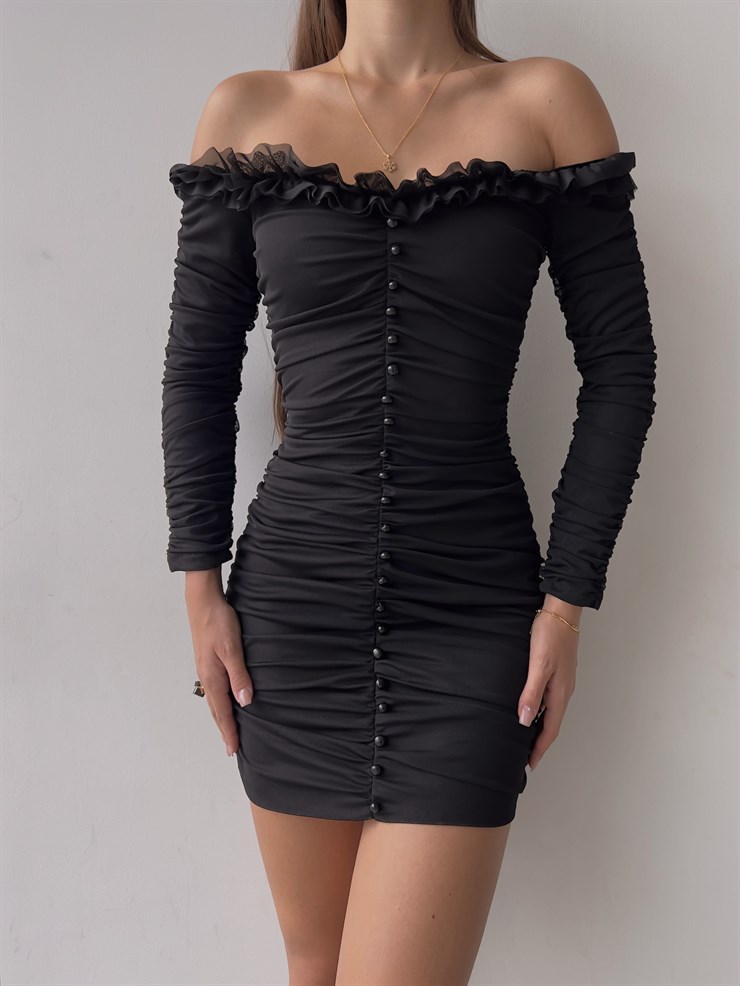 	Omuz Fırfırlı Önden Düğme Detaylı Drapeli Uzun Kol Zanobi Kadın Siyah Mini Elbise 23K000110