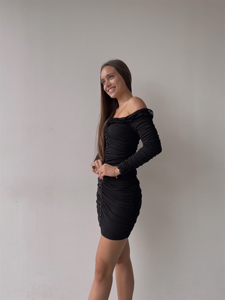 	Omuz Fırfırlı Önden Düğme Detaylı Drapeli Uzun Kol Zanobi Kadın Siyah Mini Elbise 23K000110