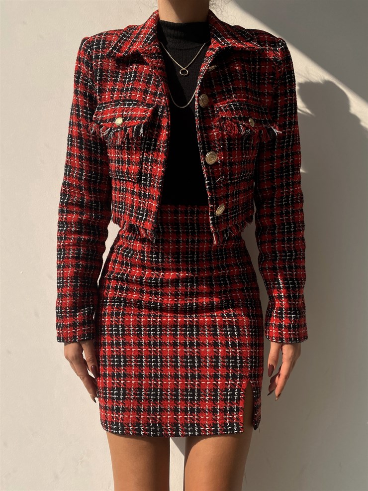  Önü Cepli Düğmeli Kareli Kısa Kadın Kırmızı Tüvit Ceket 22K000206