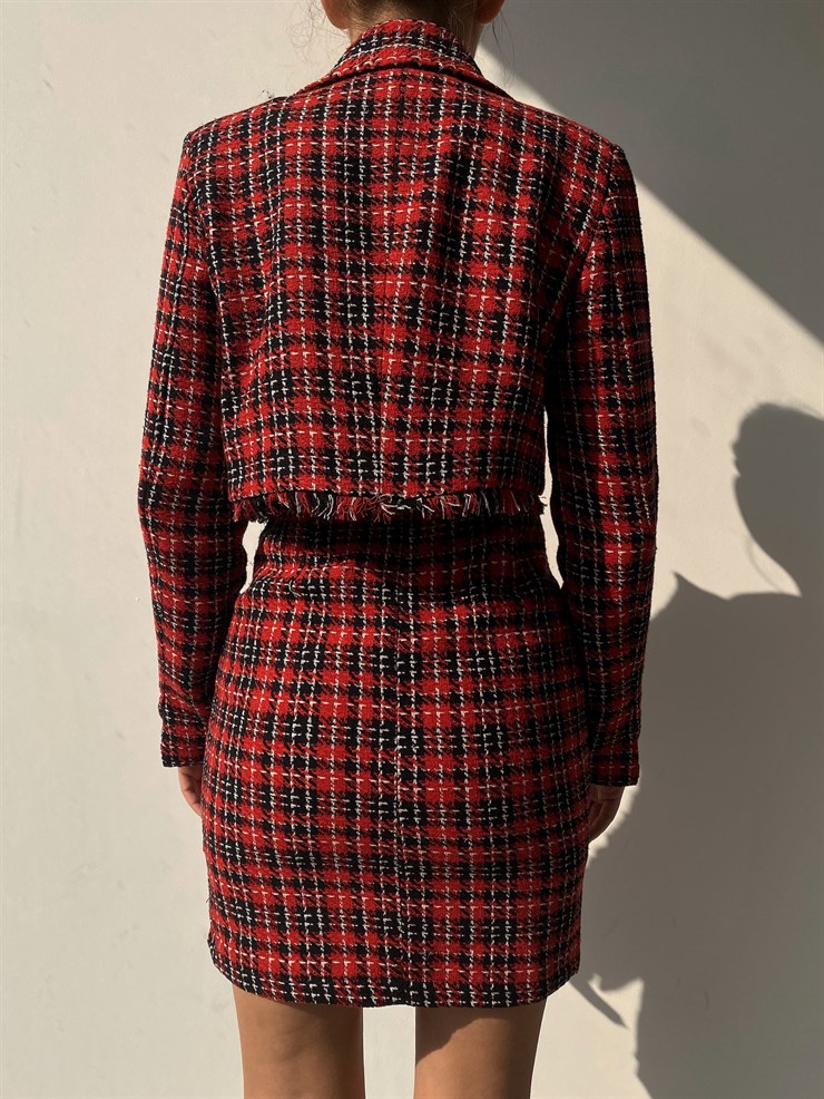  Önü Cepli Düğmeli Kareli Kısa Kadın Kırmızı Tüvit Ceket 22K000206