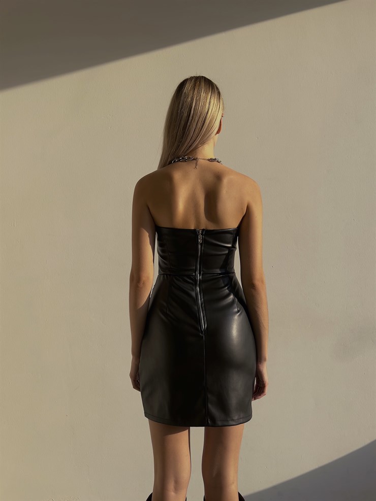 	Straplez Korse Görünüm Eteği Kruvaze Vegan Deri Lopes Kadın Siyah Elbise 23K000077