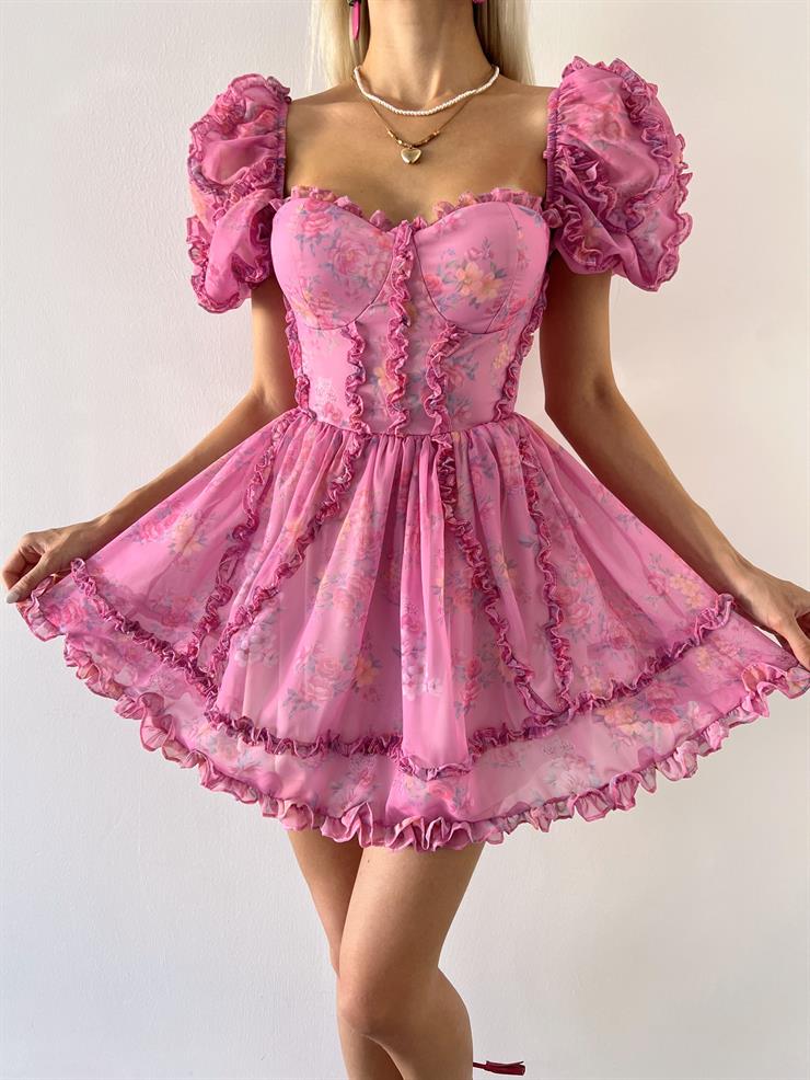 Balon Düşük Kol Fırfır Detaylı Çiçekli Kadın Pembe Mini Elbise 23Y000511