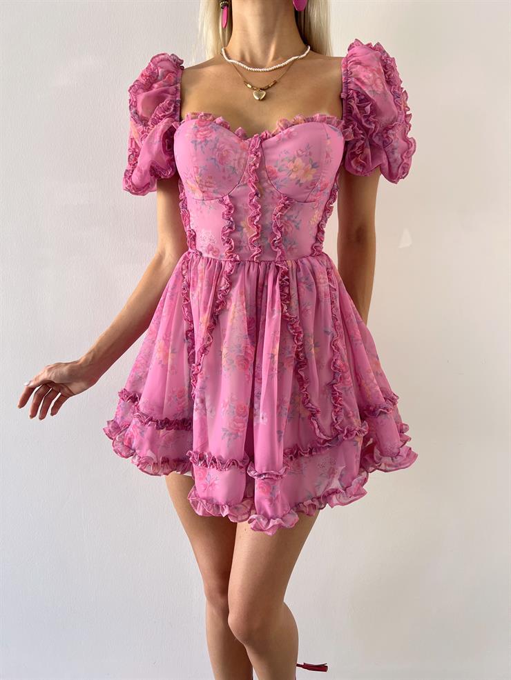 Balon Düşük Kol Fırfır Detaylı Çiçekli Kadın Pembe Mini Elbise 23Y000511