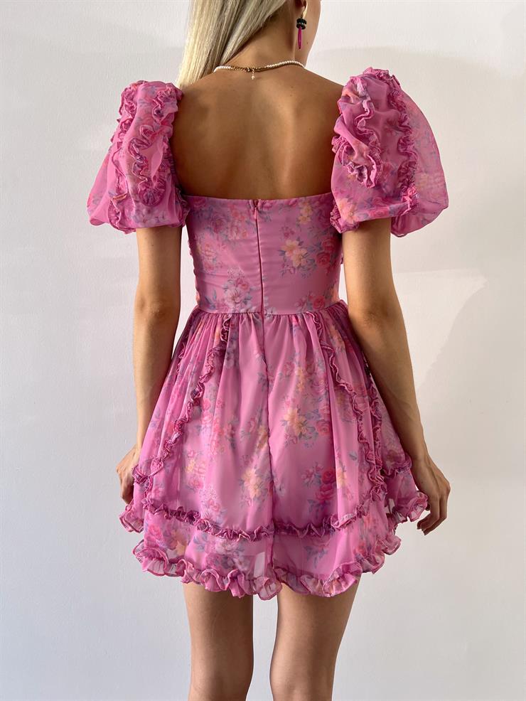 Balon Düşük Kol Fırfır Detaylı Çiçekli Kadın Pembe Mini Elbise 23Y000511