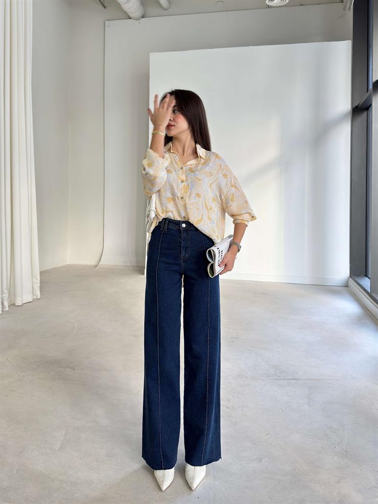 Desenli Önü Düğmeli Abby Bej Kadın Gömlek 26K370