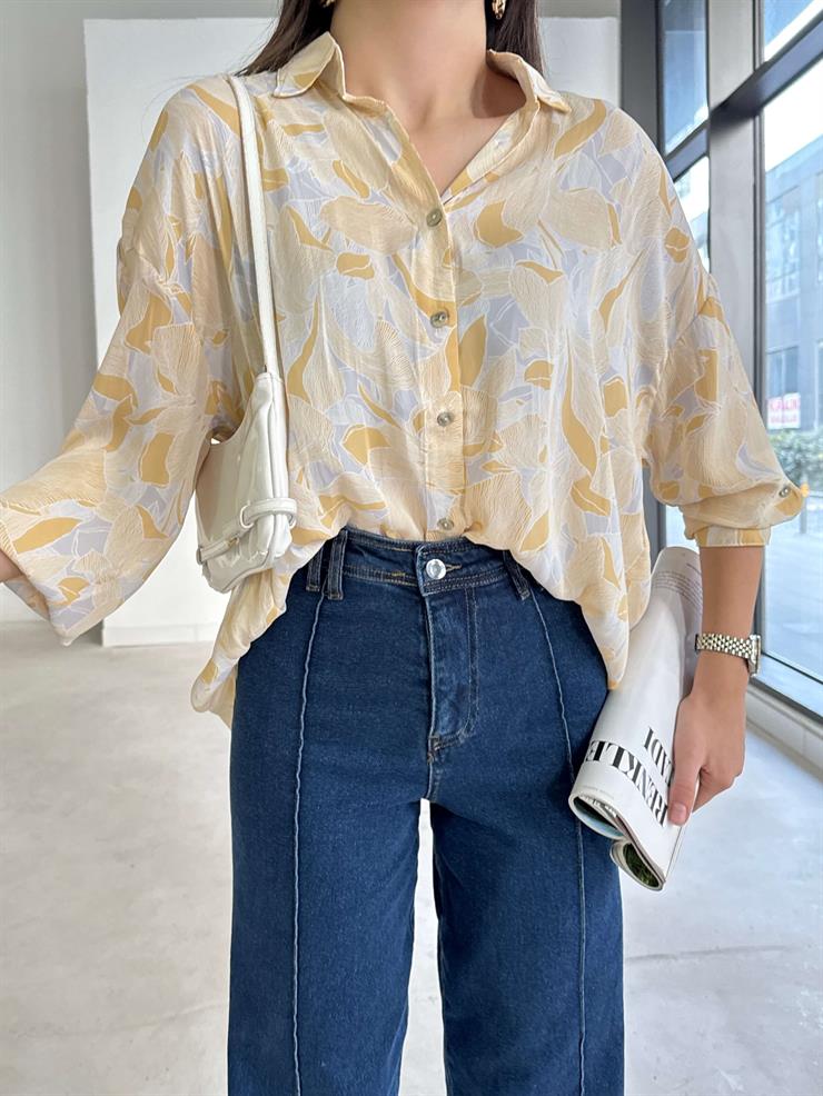 Desenli Önü Düğmeli Abby Bej Kadın Gömlek 26K370