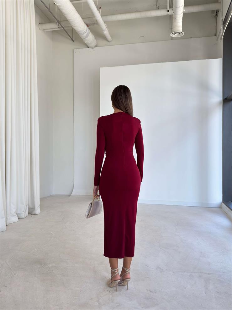 Drape Detaylı Aksesuarlı Omzu Vatkalı Abele Bordo Kadın Elbise 26K203