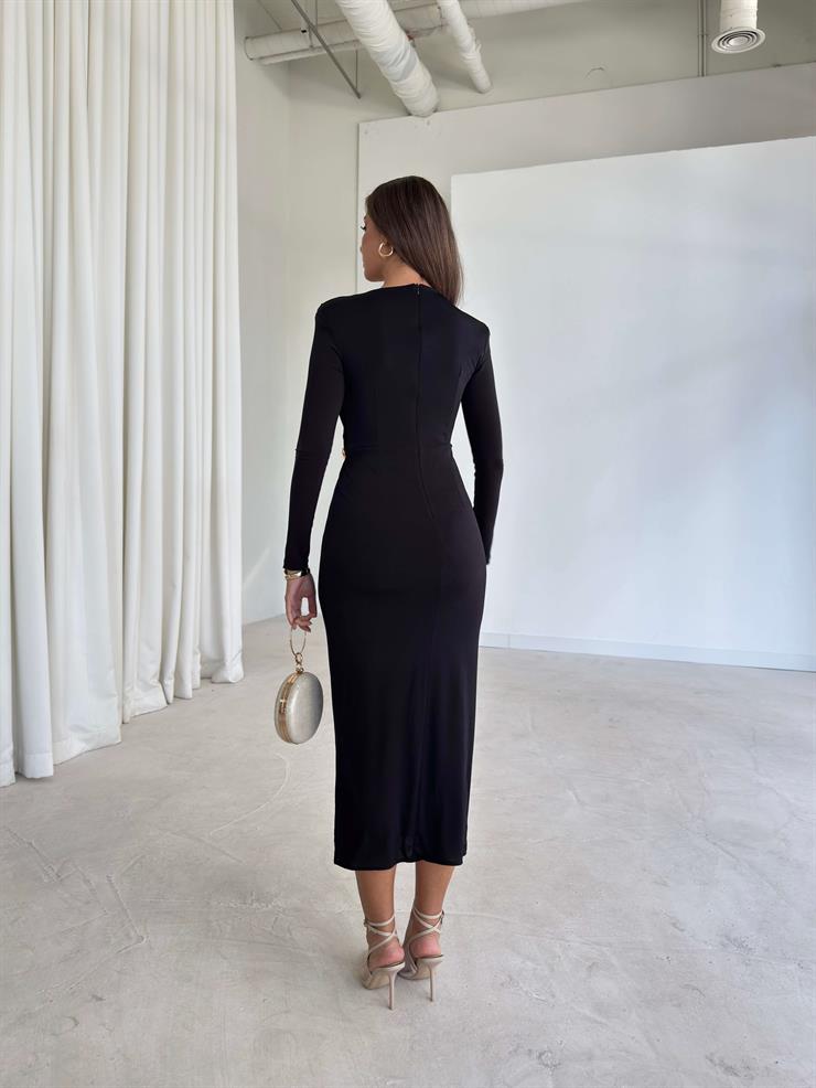 Drape Detaylı Aksesuarlı Omzu Vatkalı Abele Siyah Kadın Elbise 26K203