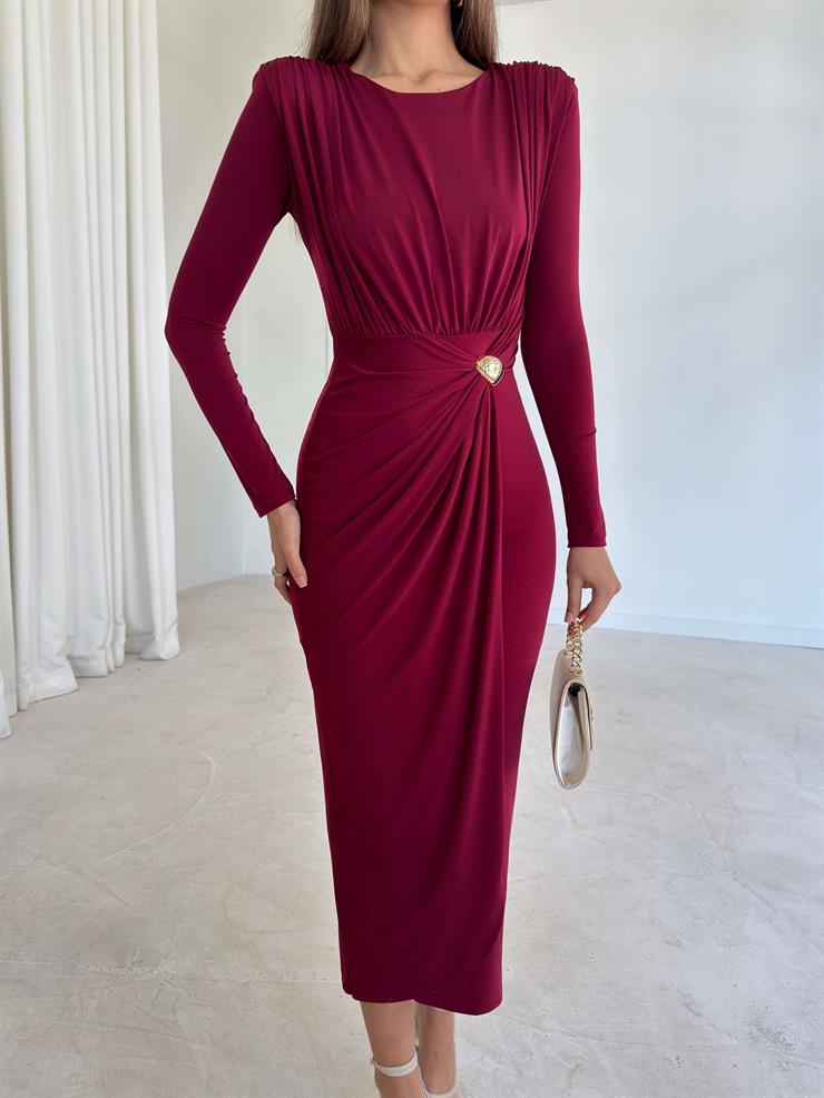 Drape Detaylı Aksesuarlı Omzu Vatkalı Abele Bordo Kadın Elbise 26K203
