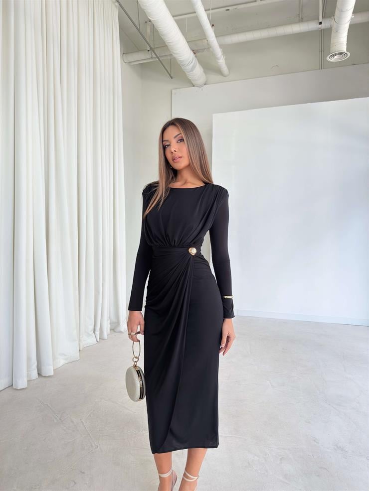 Drape Detaylı Aksesuarlı Omzu Vatkalı Abele Siyah Kadın Elbise 26K203