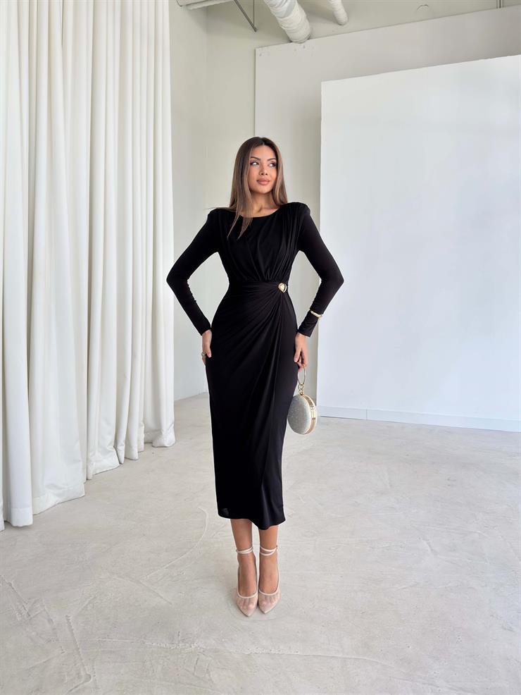 Drape Detaylı Aksesuarlı Omzu Vatkalı Abele Siyah Kadın Elbise 26K203