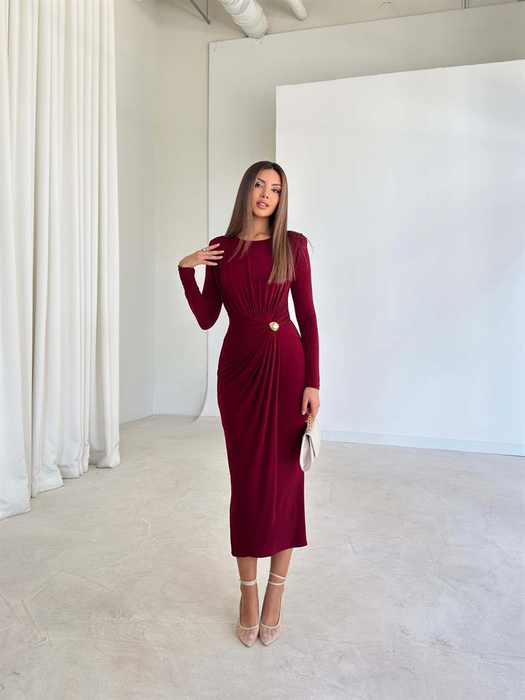 Drape Detaylı Aksesuarlı Omzu Vatkalı Abele Bordo Kadın Elbise 26K203