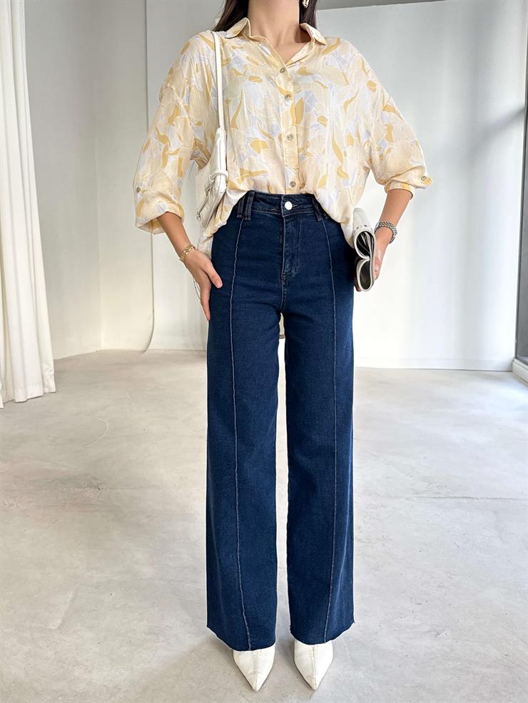 Yüksek Bel Ters Dikiş Abril Lacivert Kot Pantolon 26K371