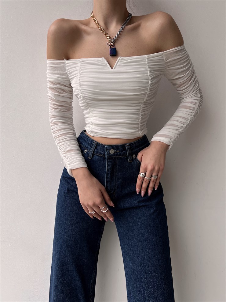 Açık Omuz Büzgülü Alena Kadın Beyaz Tül Bluz 22K000565