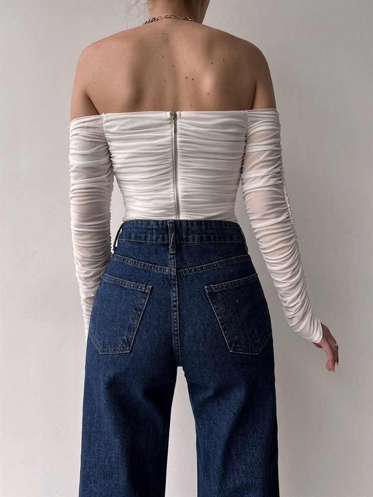 Açık Omuz Büzgülü Alena Kadın Beyaz Tül Bluz 22K000565