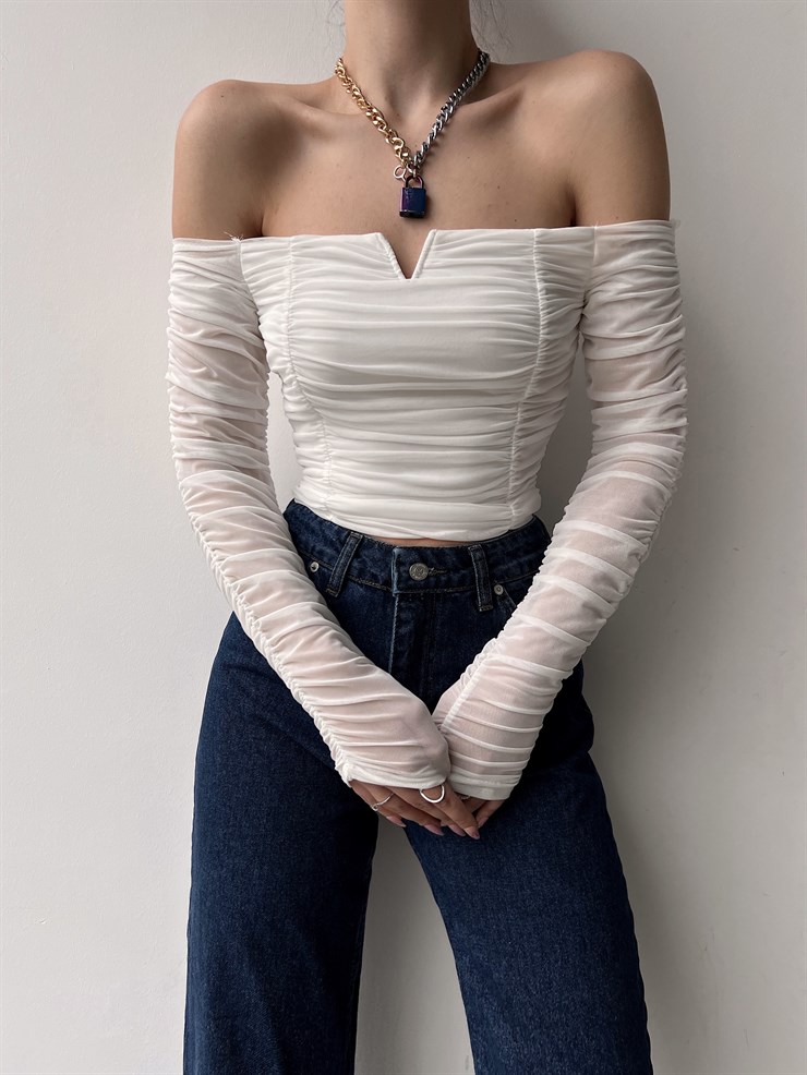 Açık Omuz Büzgülü Alena Kadın Beyaz Tül Bluz 22K000565