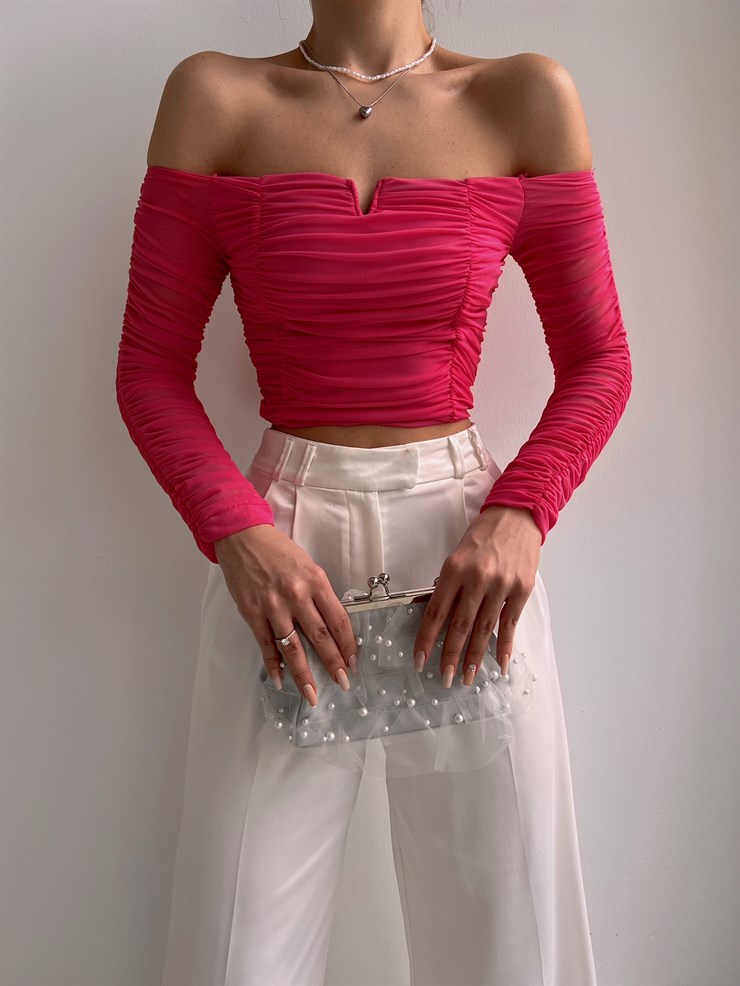 Açık Omuz Büzgülü Alena Kadın Pembe Tül Bluz 22K000565