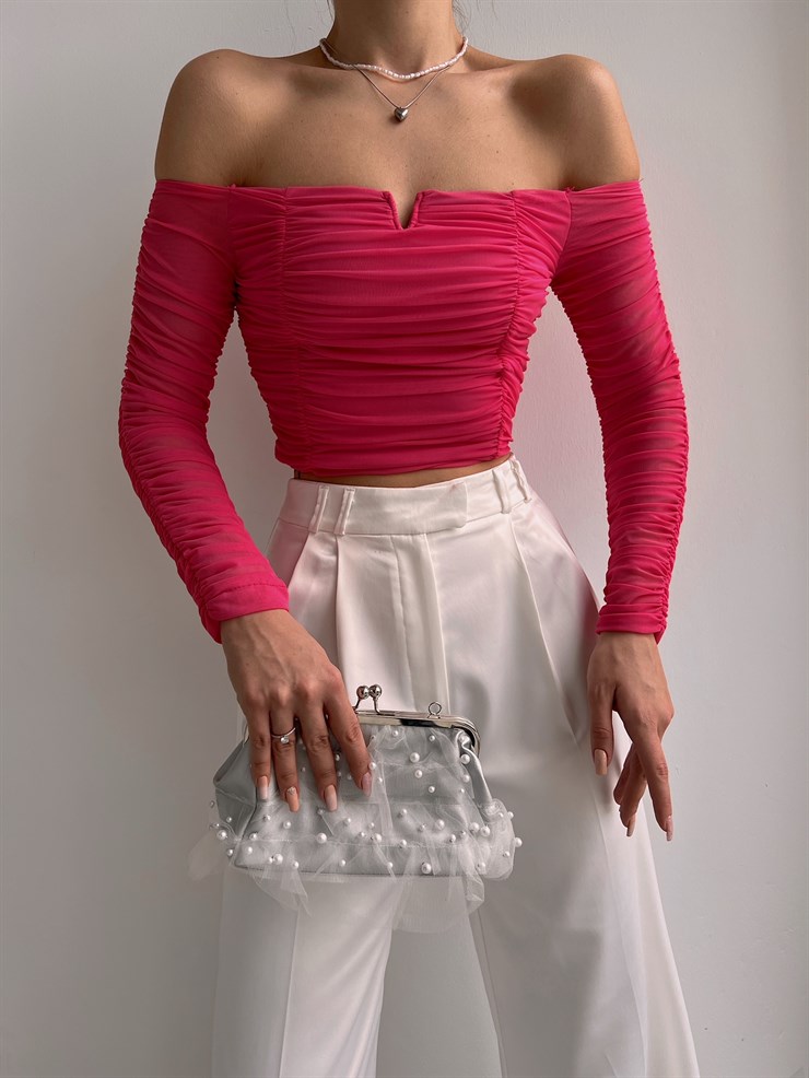 Açık Omuz Büzgülü Alena Kadın Pembe Tül Bluz 22K000565