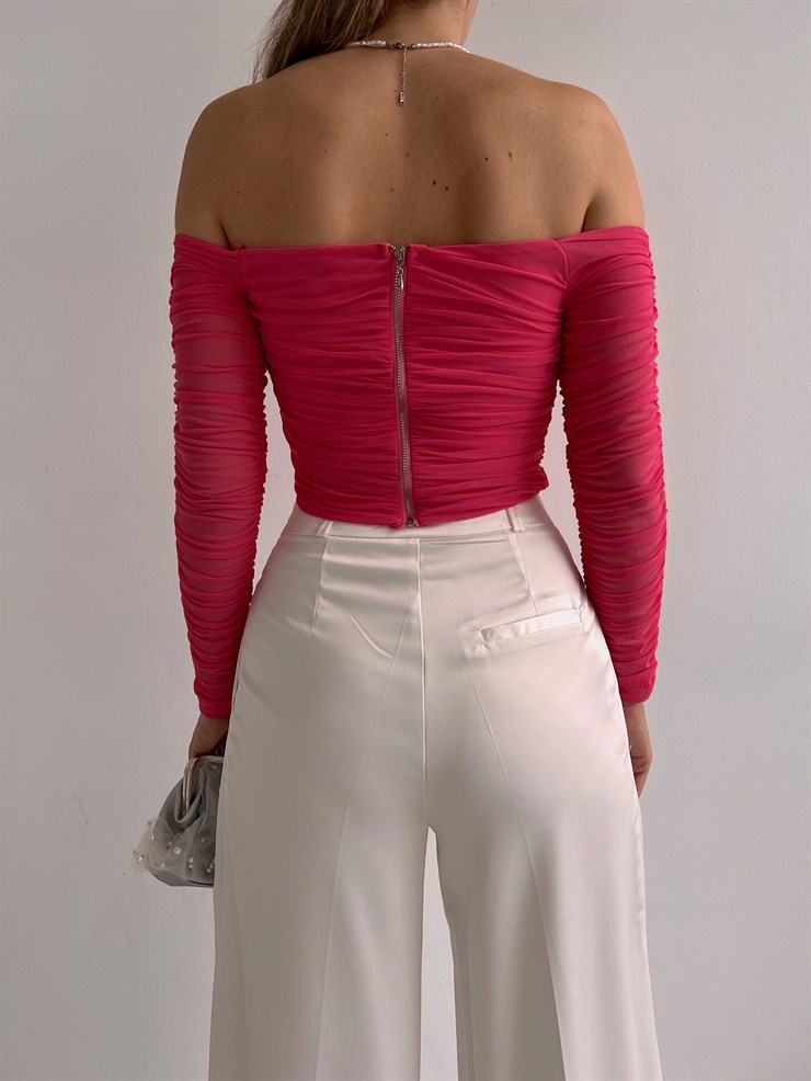 Açık Omuz Büzgülü Alena Kadın Pembe Tül Bluz 22K000565