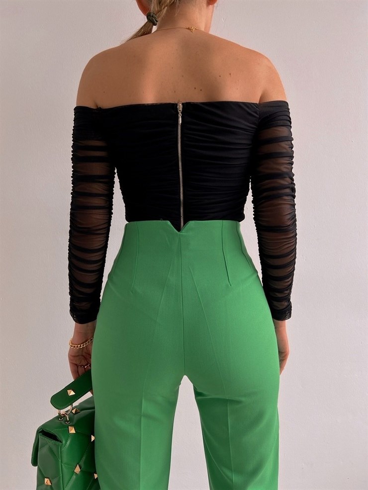 Açık Omuz Büzgülü Alena Kadın Siyah Tül Bluz 22K000565