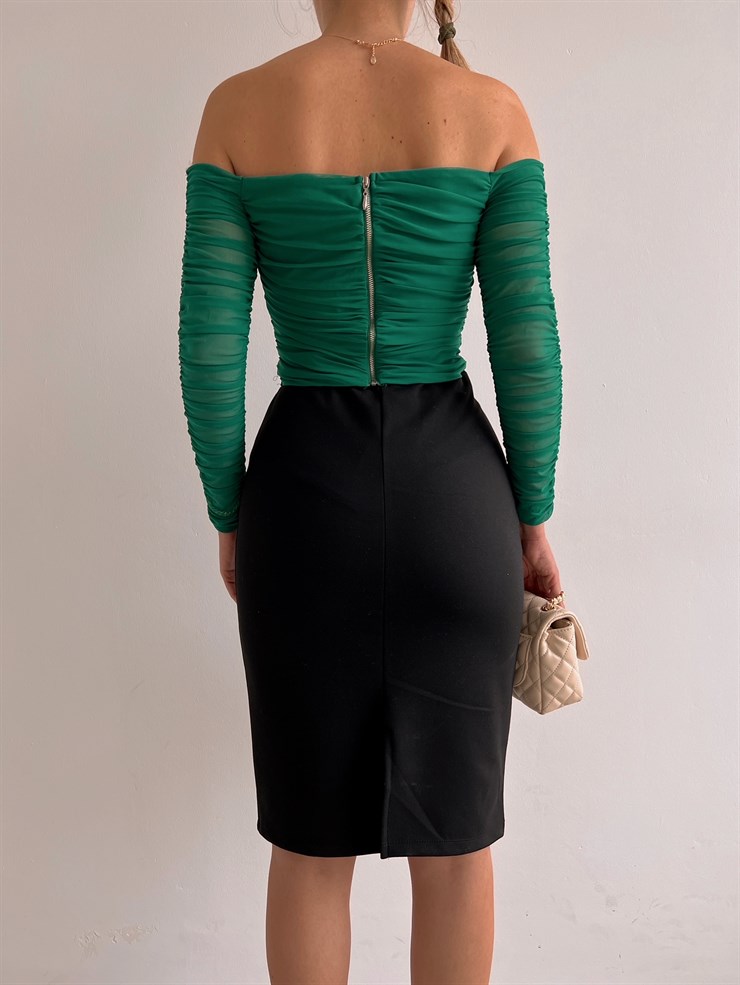 Açık Omuz Büzgülü Alena Kadın Yeşil Tül Bluz 22K000565