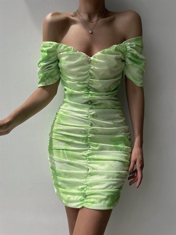 Açık Omuz Drape Önden Düğme Detaylı Pirmin Kadın Yeşil Elbise 22Y000323