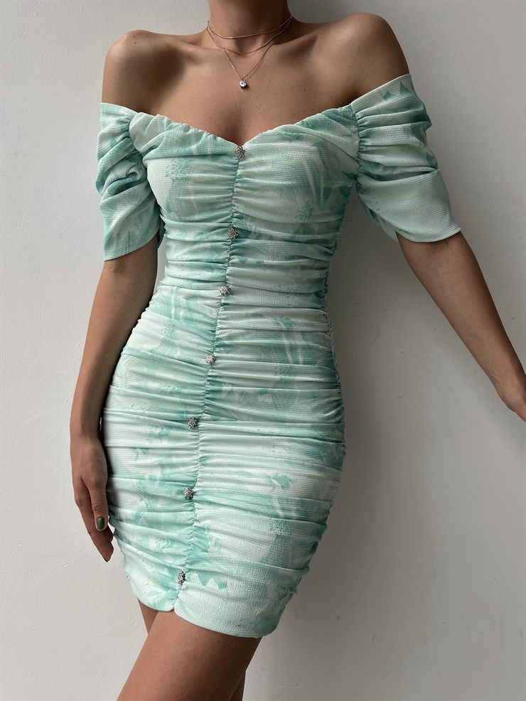 Açık Omuz Drape Önden Düğme Detaylı Pirmin Kadın Mint Elbise 22Y000323