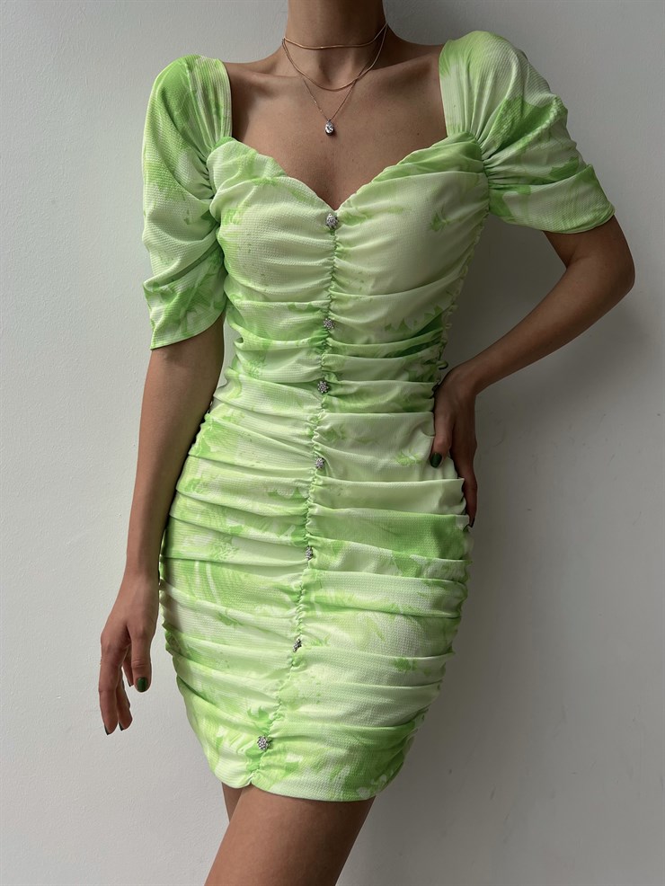 Açık Omuz Drape Önden Düğme Detaylı Pirmin Kadın Yeşil Elbise 22Y000323