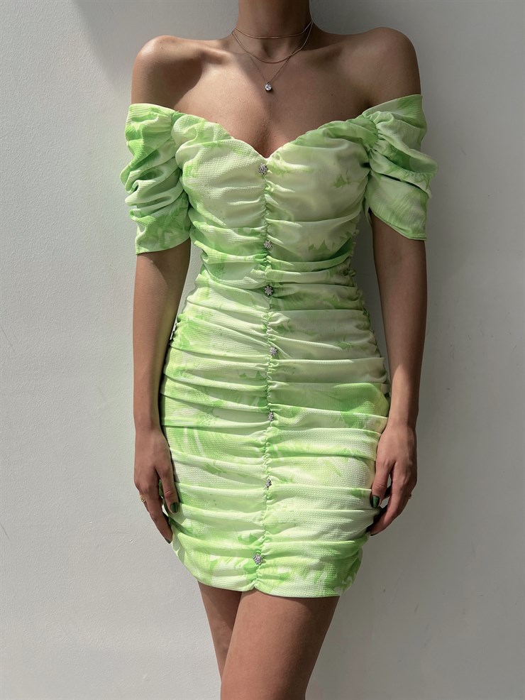 Açık Omuz Drape Önden Düğme Detaylı Pirmin Kadın Yeşil Elbise 22Y000323