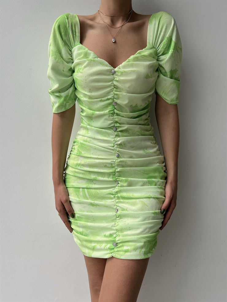 Açık Omuz Drape Önden Düğme Detaylı Pirmin Kadın Yeşil Elbise 22Y000323