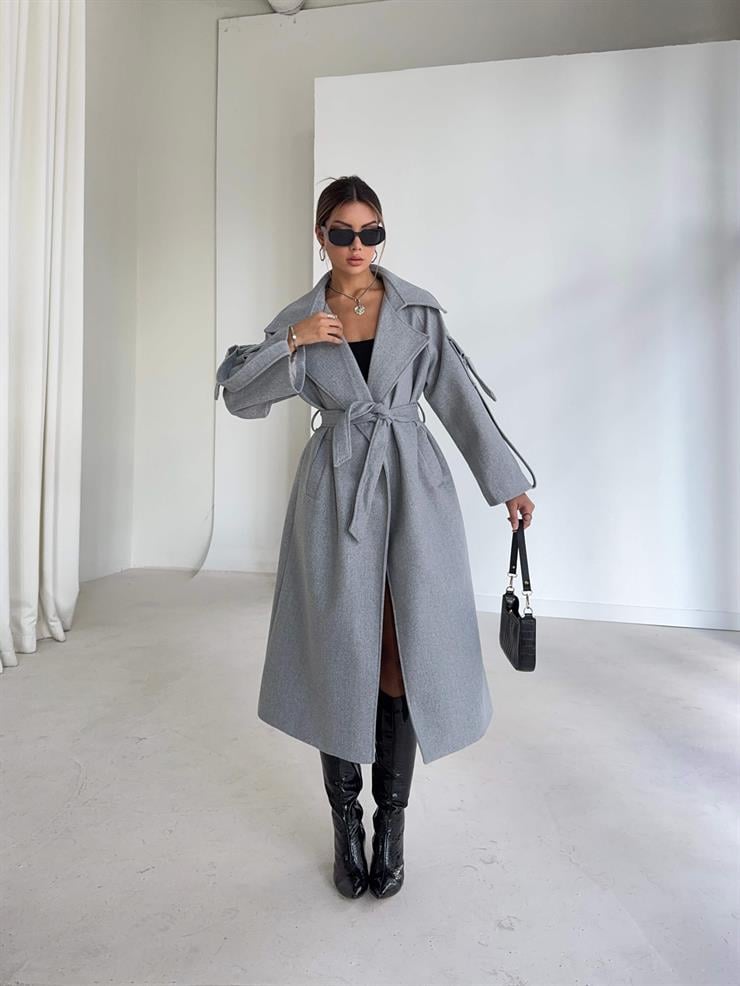 Geniş Yaka Kemerli Adel Gri Kadın Kaban 26K002