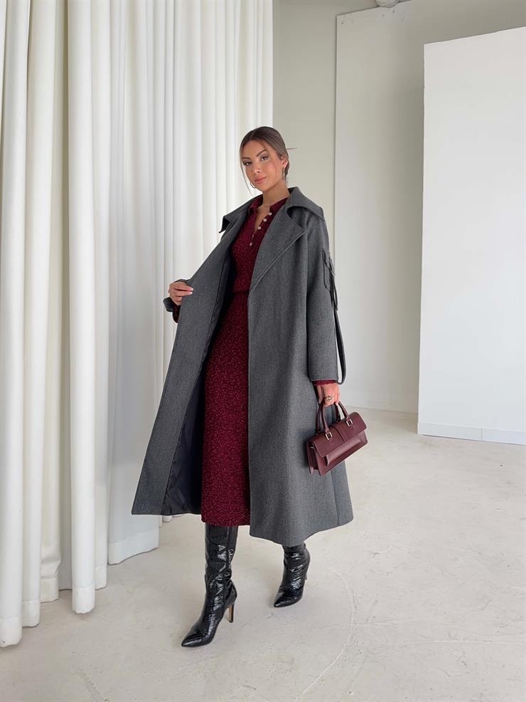 Geniş Yaka Kemerli Adel Antrasit Kadın Kaban 26K002