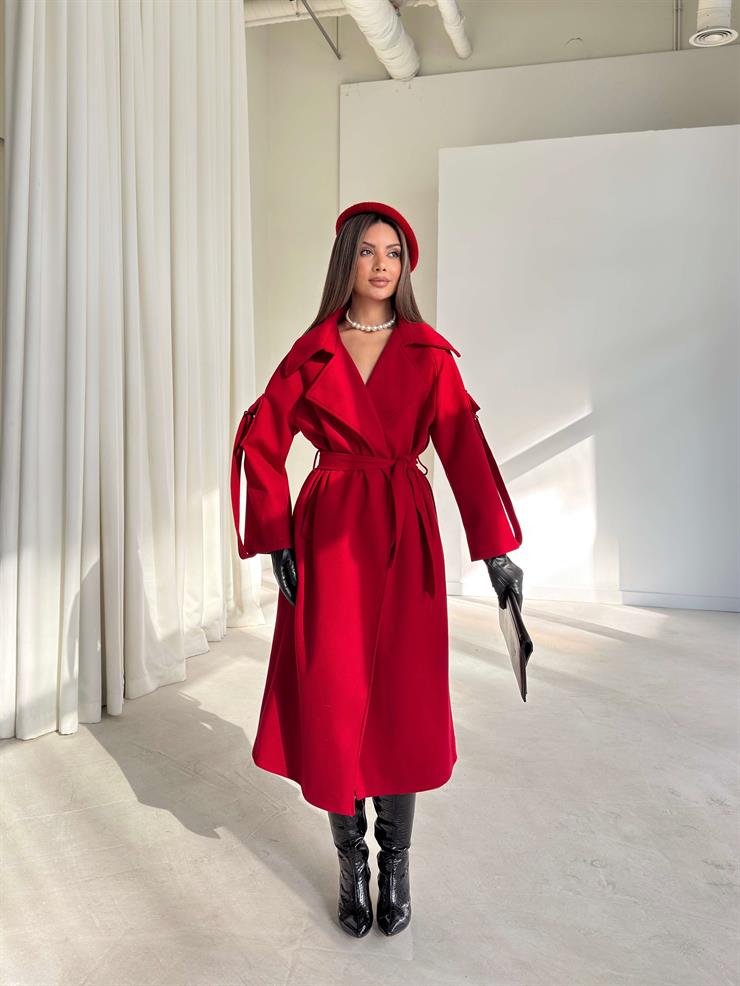 Geniş Yaka Kemerli Adel Kırmızı Kadın Kaban 26K002