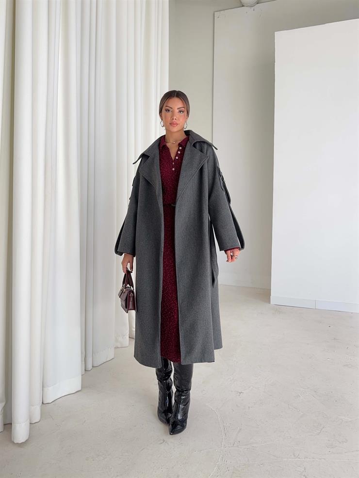 Geniş Yaka Kemerli Adel Antrasit Kadın Kaban 26K002